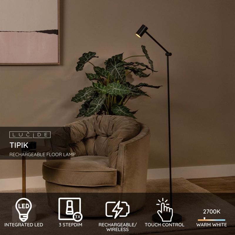 Lucide TIPIK - Nabíjacia stojanová lampa - Batéria - LED Rozm. - 1x3W 2700K - 3 StepDim - Čierny